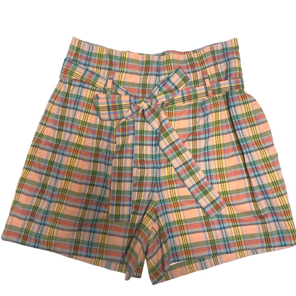J. Crew Highwaisted Belted Paperbag Peach Plaid Shorts Womens 10